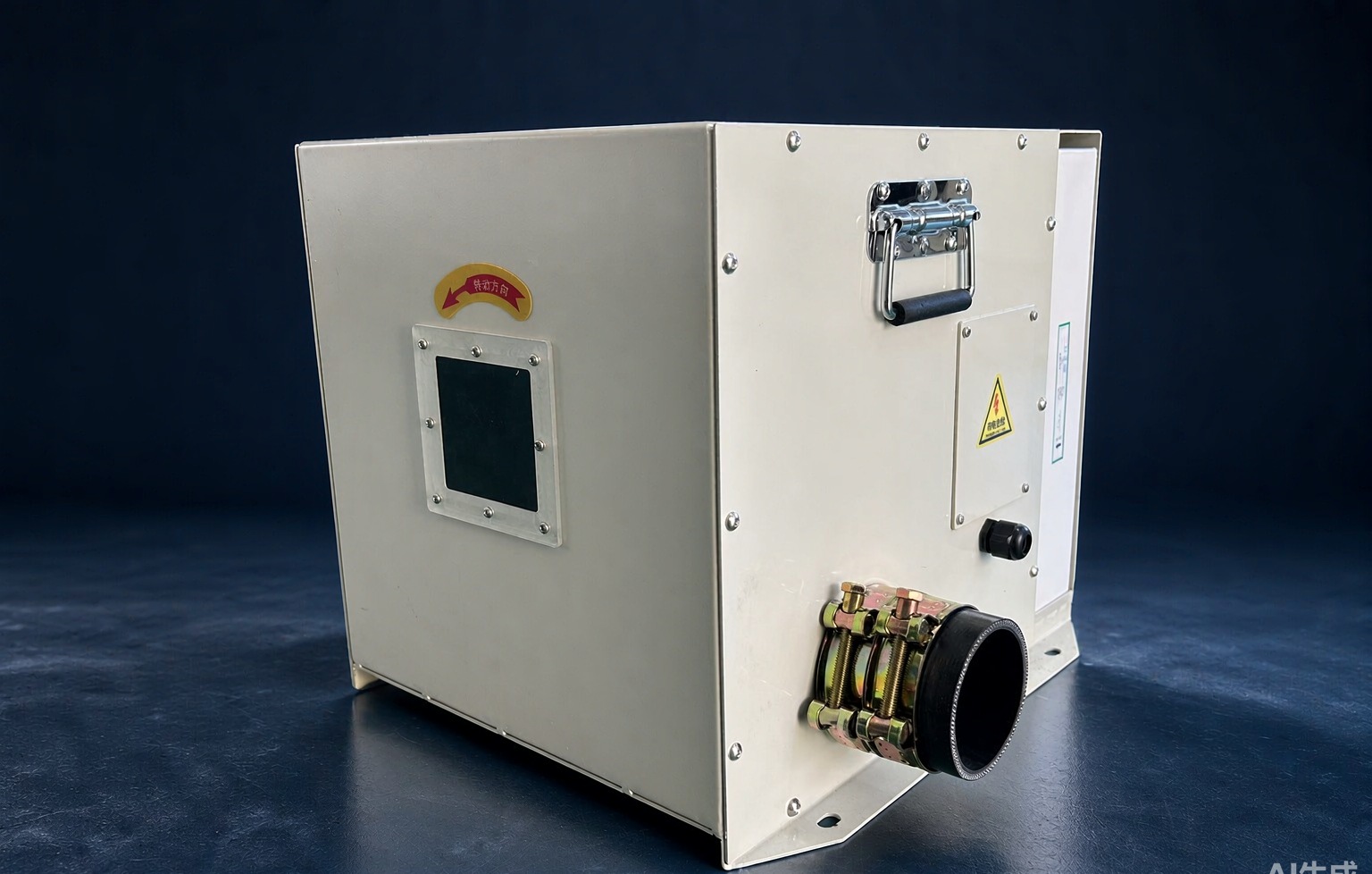 Rear view: inspection window, rotation direction label, dual outlet clamps